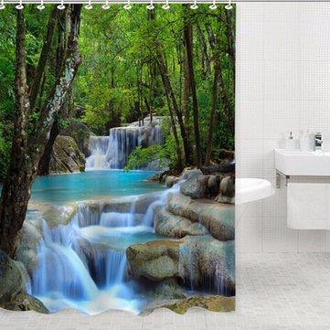 2x1.8CM Polyester 3D Waterfall Nature Scenery Bathroom Shower Curtain With Hooks - Trendha