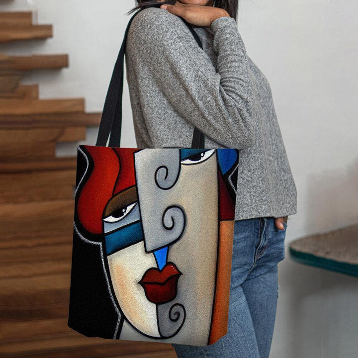 Women Felt Picasso Style Multicolor Cartoon Figure Print Handbag Shoulder Bag Tote - Trendha