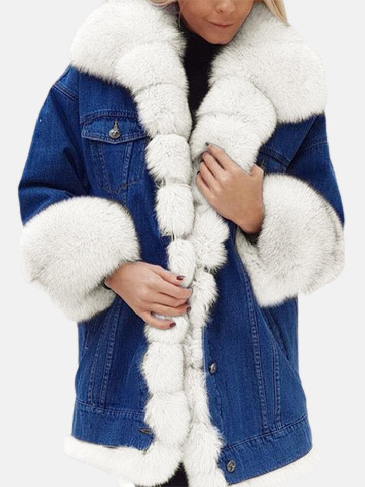 Women Distressed Denim Patchwork Warm Casual Faux Fur Coats - Trendha