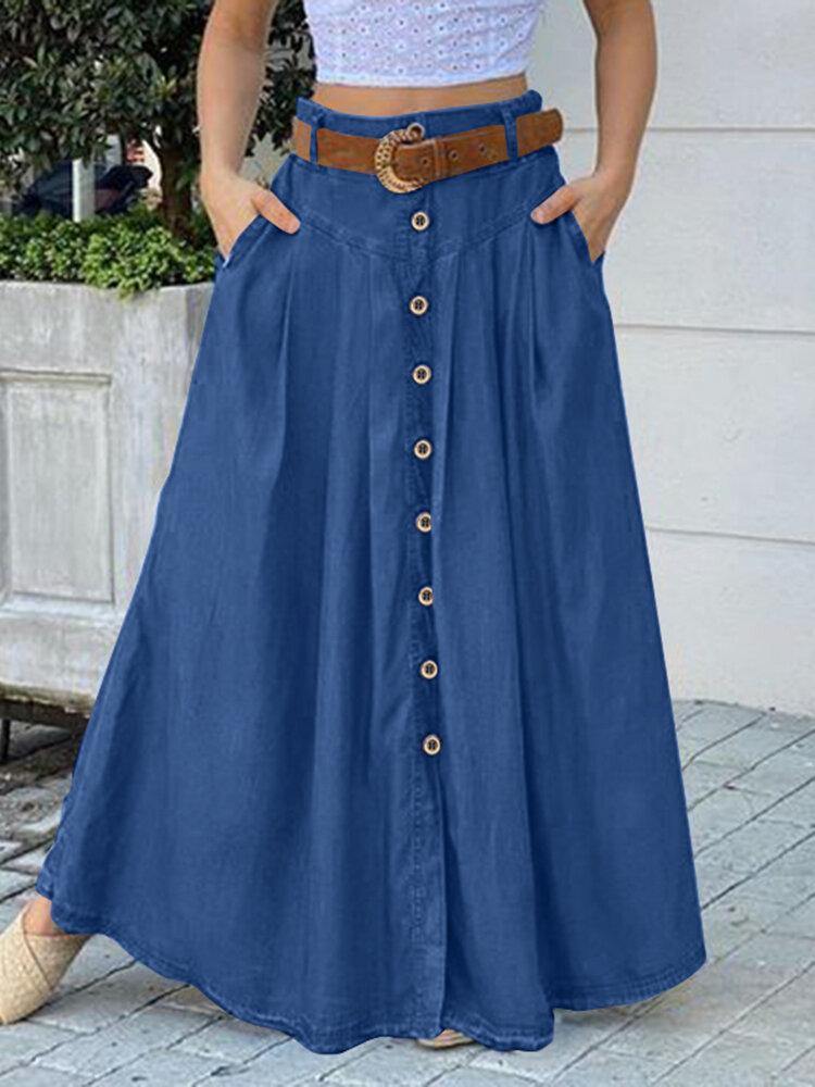 Women's Solid Color Bottom Front Loose Casual Long Skirt with Pocket - Trendha