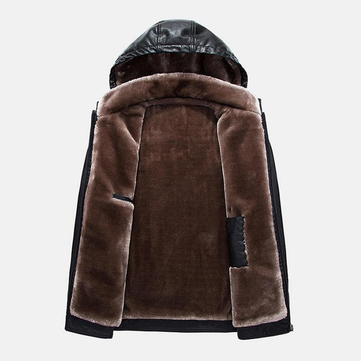 Mens Fashion PU Zipper Windproof Hooded Warm Jacket - Trendha