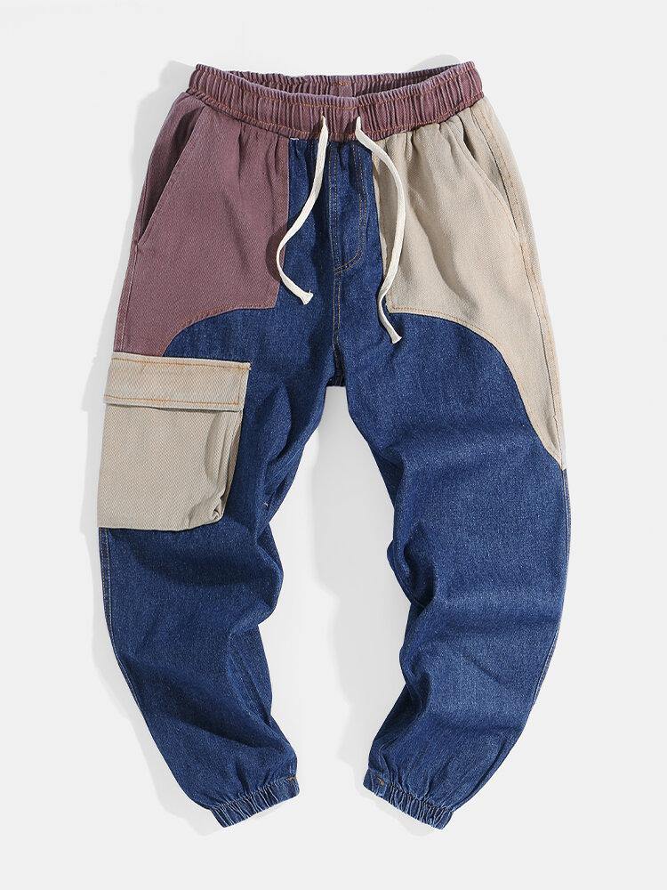 Mens Patchwork Multi Pocket Drawstring Elastic Waist Loose Jogger Jeans - Trendha