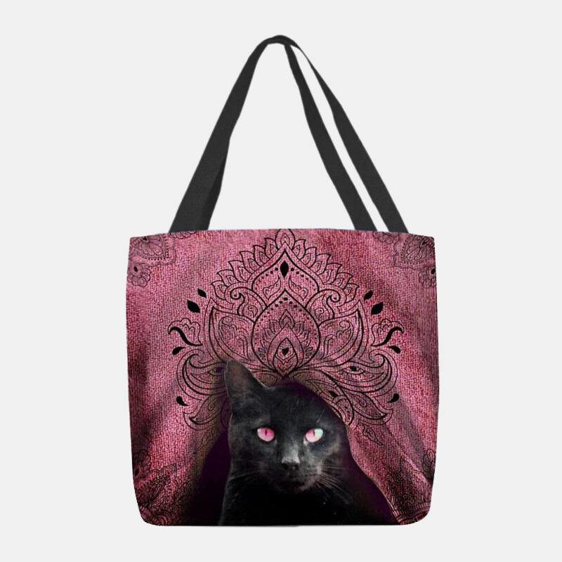 Women Canvas Cute Black Cat Pattern Handbag Tote Shoulder Bag - Trendha