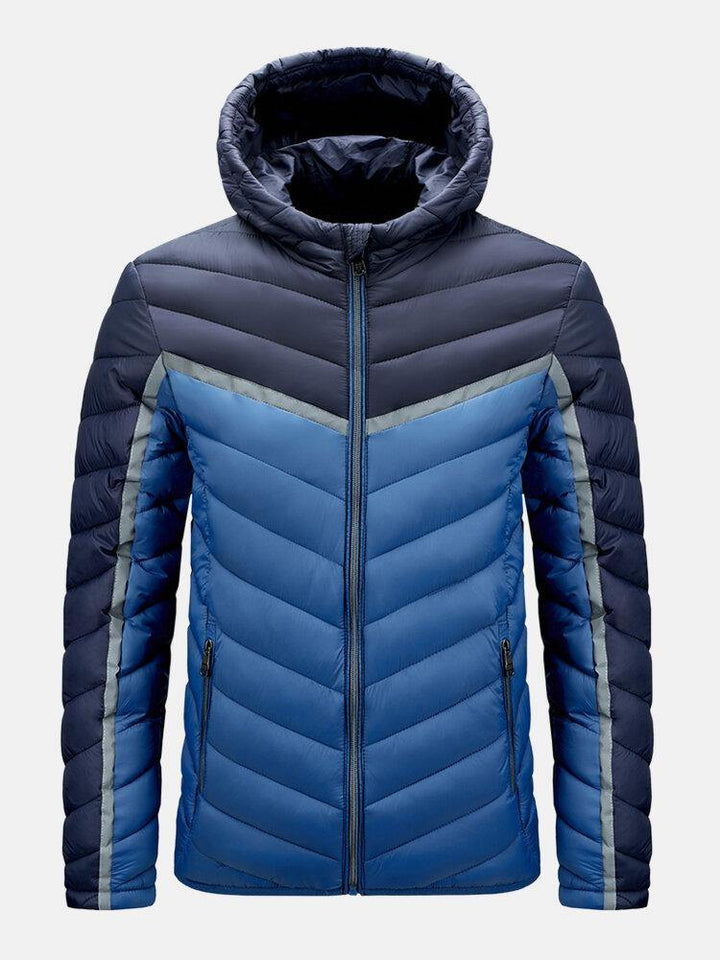 Mens Contrast Color Patchwork Warm Pocket Zipper Hooded Down Jacket - Trendha