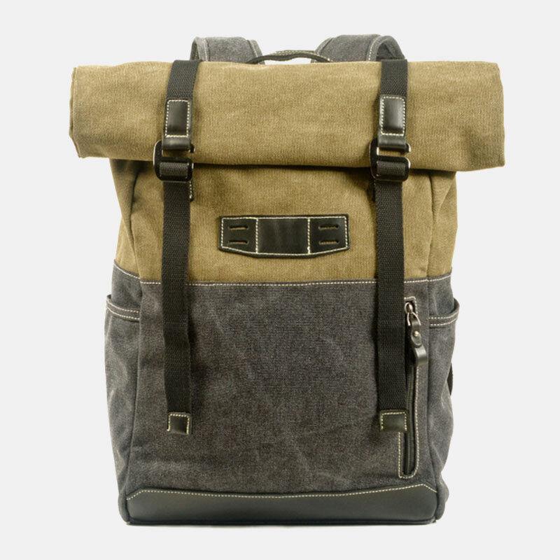 Men Genuine Leather Cowhide and Canvas Patchwork Outdoor Waterproof Anti-theft Hiking 14 Inch Laptop Backpack - Trendha