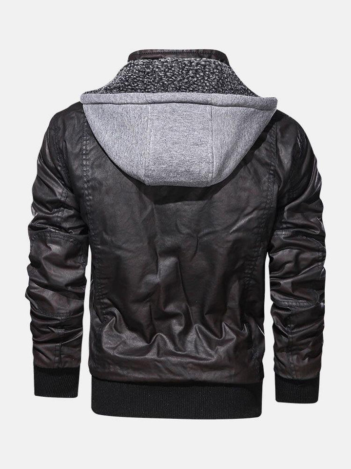 Mens Hooded Pocket PU Leather Motorcycle Jacket - Trendha