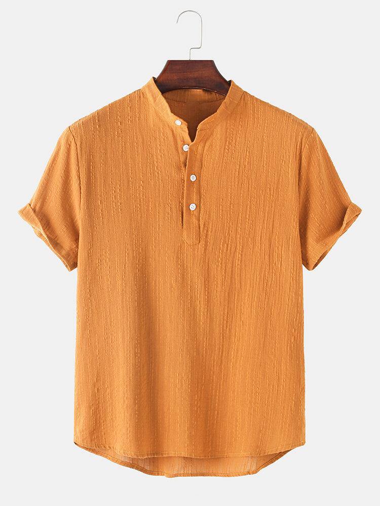 Mens Basic Solid Color Linen Short Sleeve Henley Shirt - Trendha