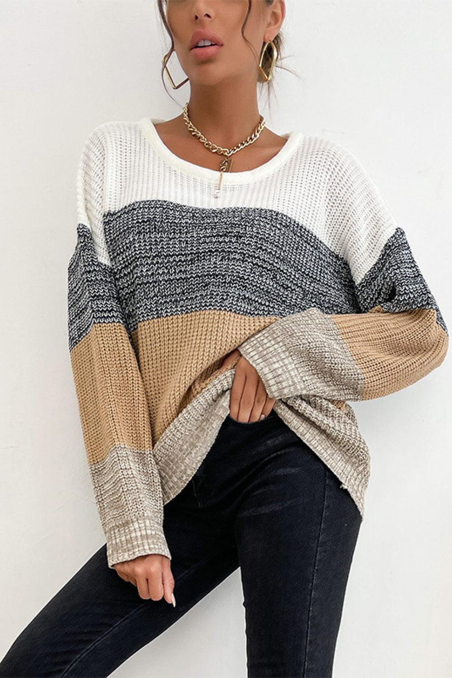 Striped Round Neck Long Sleeve Sweater - Trendha