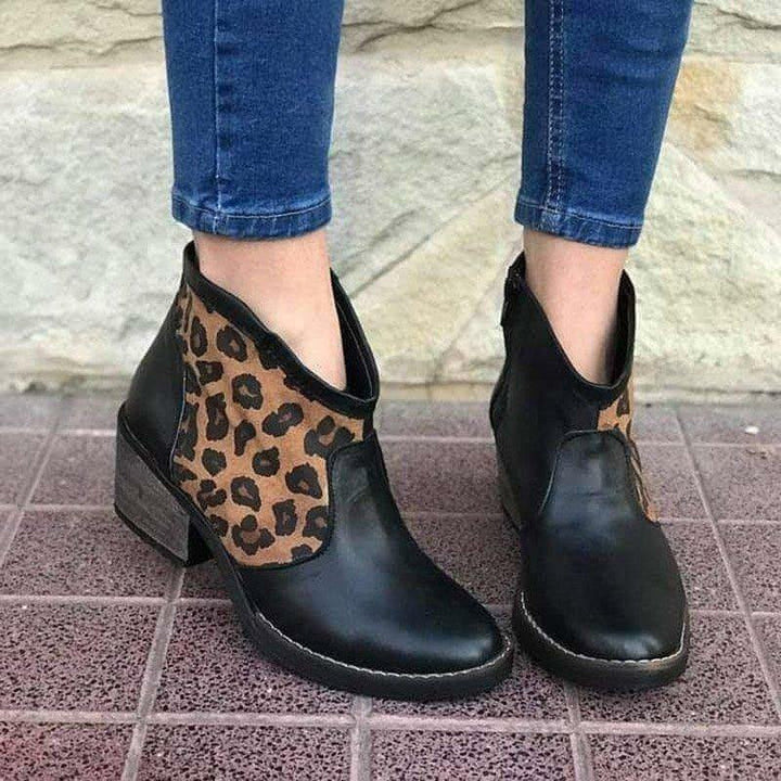 Casual Splicing Leopard Side Zipper Chunky Heel Cowboy Ankle Boots for Women - Trendha