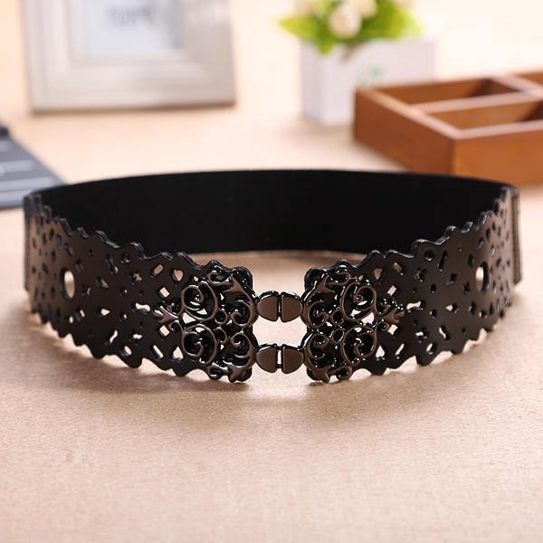 Women First Layer Leather Hollow Belts Elastic Stretchable Metal Button Waistband - Trendha
