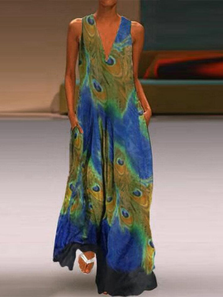 Women Sleeveless Peacock Print Bohemia Beach Long Maxi Dress - Trendha