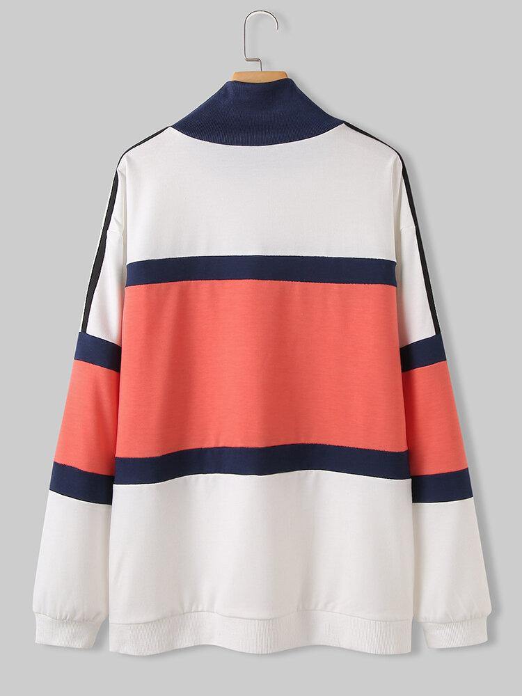 Women Patchwork Color High Neck Pullover Long Sleeve Sweatshirts - Trendha