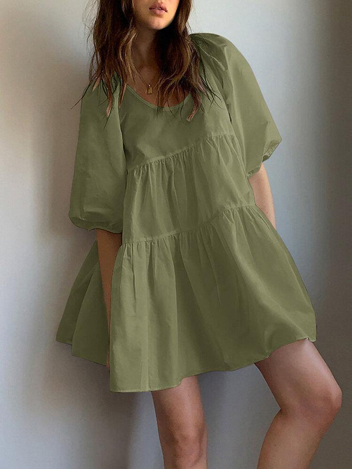 Women Puff Sleeve U-Neck Solid Color Short Sleeve Casual Tiered Dress - Trendha