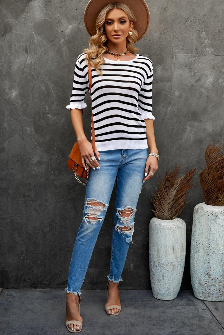 Striped Tie Back Flare Sleeve Knit Top - Trendha