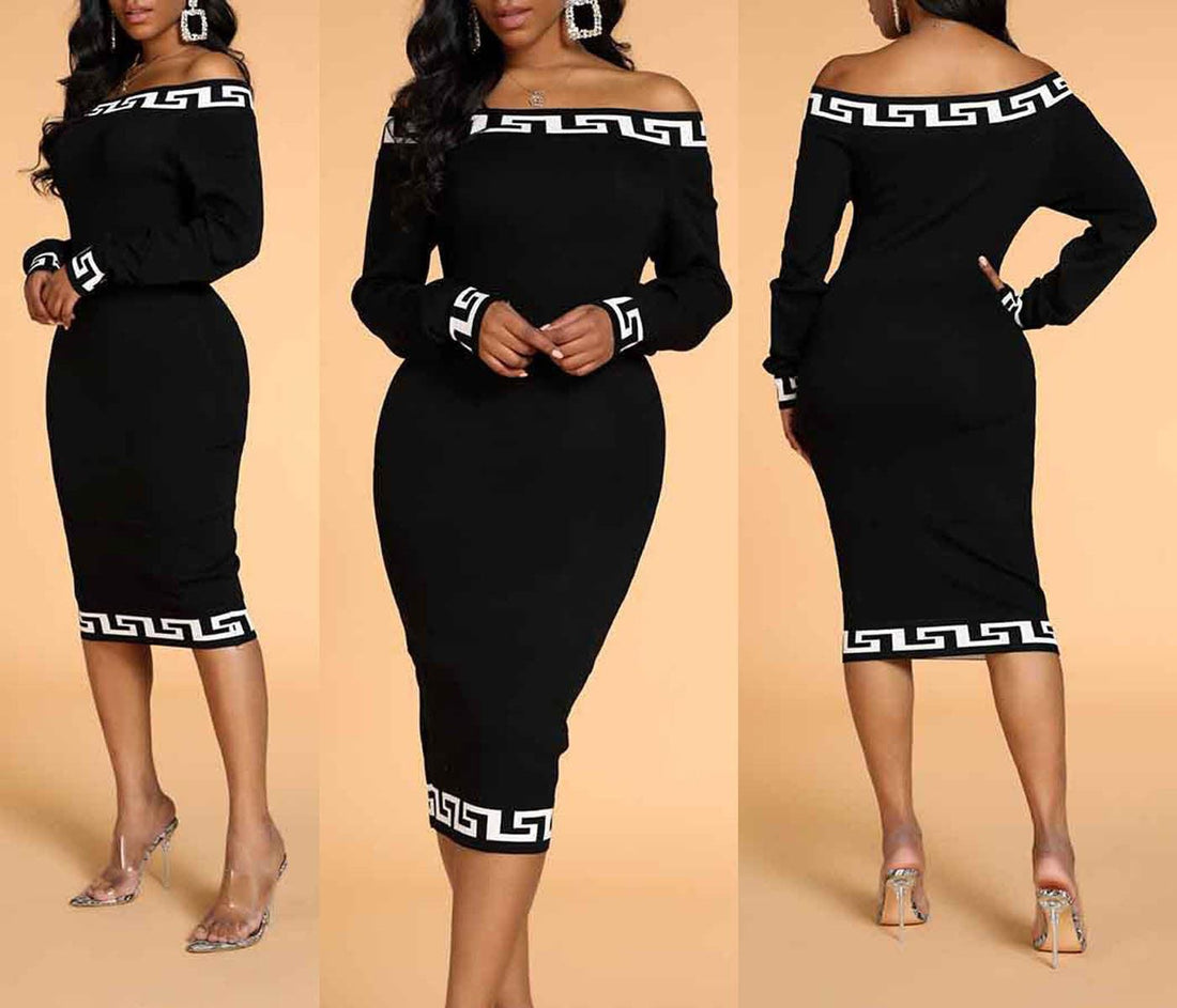 Off-Shoulder Geometric-Trim Fitted Dress