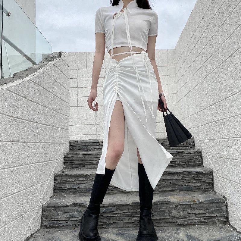 Hong Kong Style Suit Short Lace-up Cheongsam Collar High Waist Skirt - Trendha