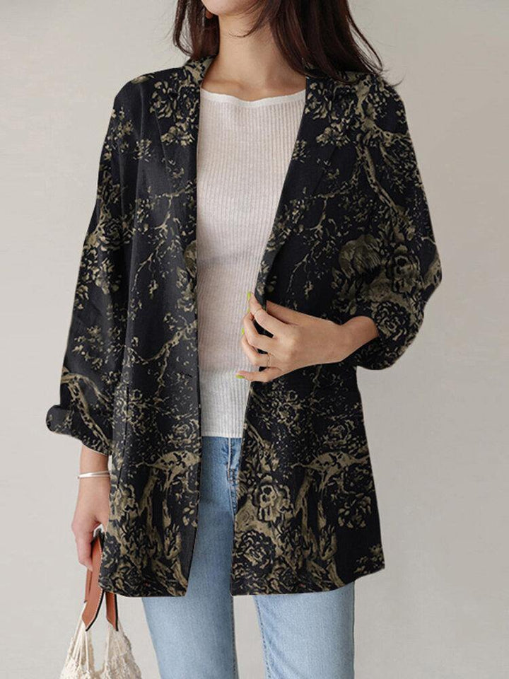 Women Loose Lapel Full Sleeve Floral Casual Side Pockets Coat - Trendha