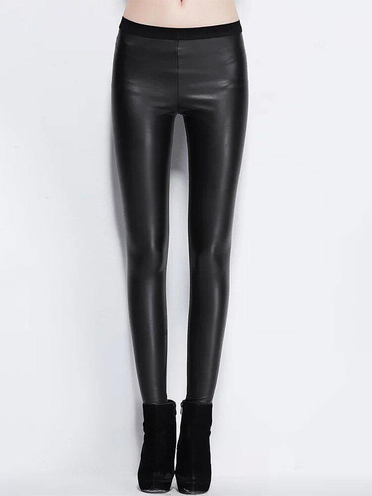 Women Solid Color Leather Bodycon Base Long Casual Leggings - Trendha
