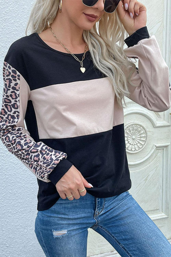 Leopard Color Block Long Sleeve Sweatshirt - Trendha