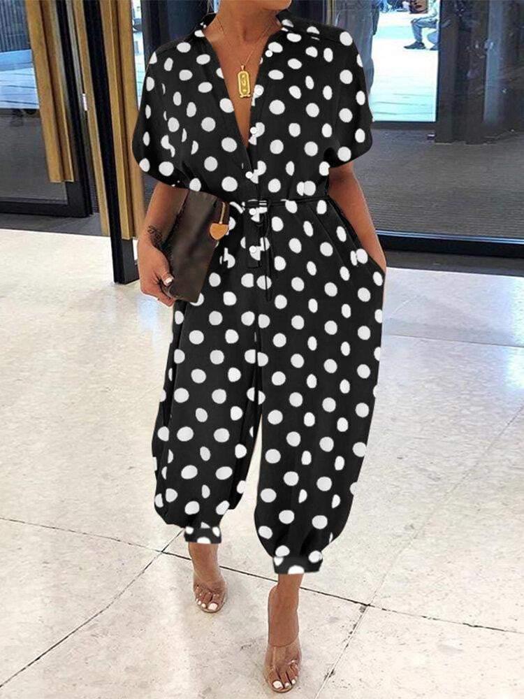 Casual Polka Dot Print Lapel Short Sleeve Button Belted Pocket Jumpsuits For Women - Trendha