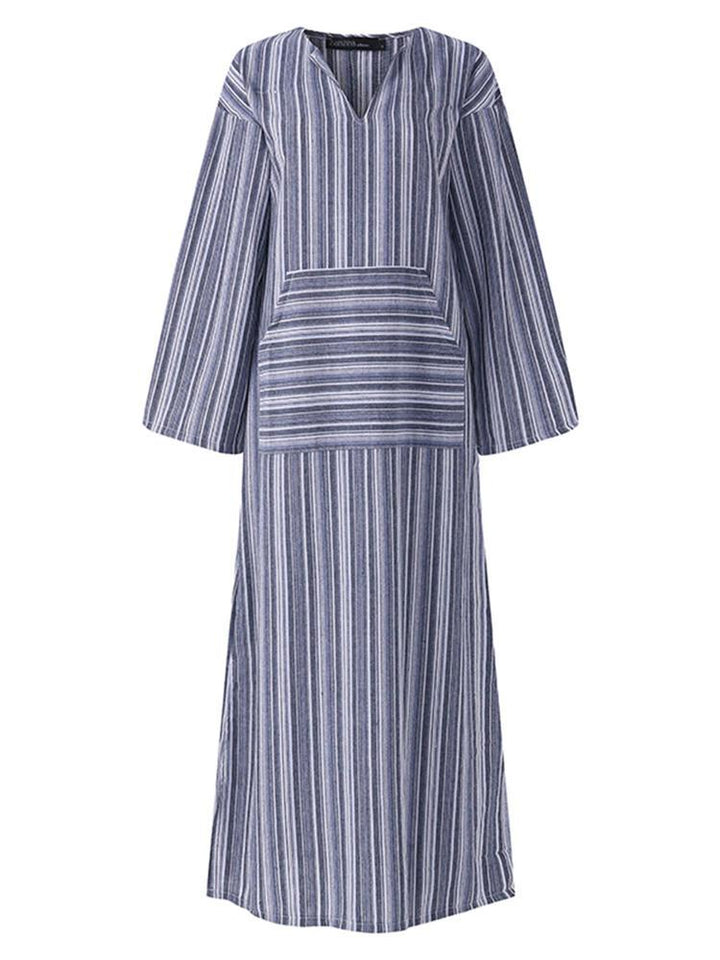Women Striped V Neck Long Sleeve Casual Loose Maxi Dress - Trendha