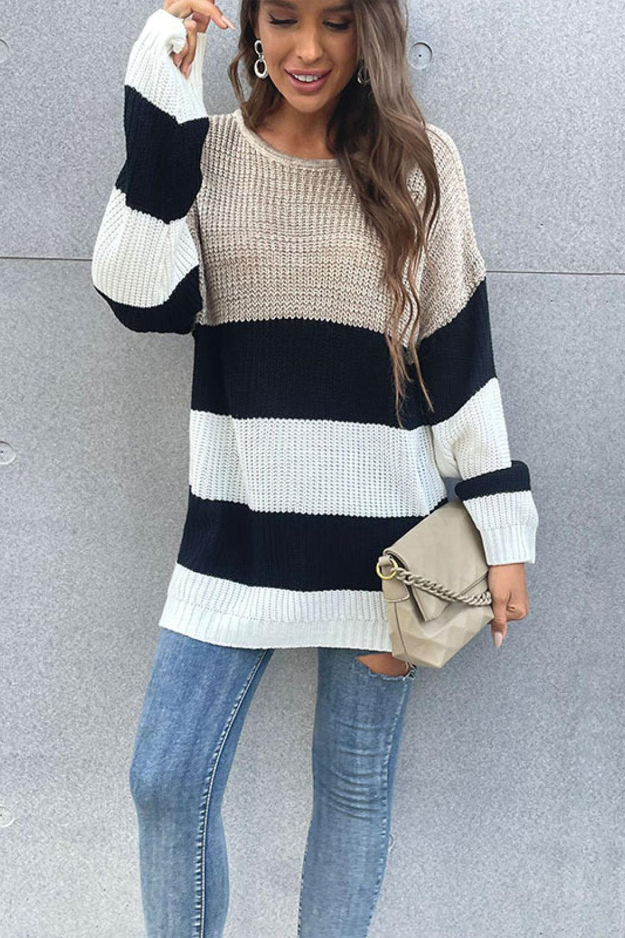 Color Block Striped Long Sleeve Sweater - Trendha