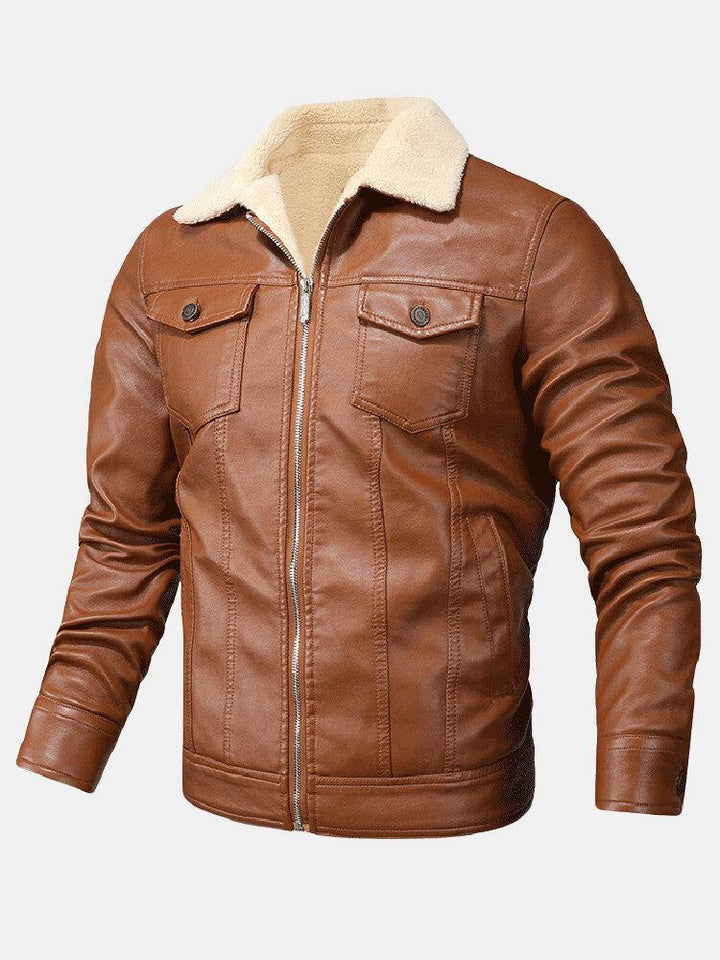 Mens PU Leather Zip Front Lapel Collar Thick Jackets With Flap Pockets - Trendha