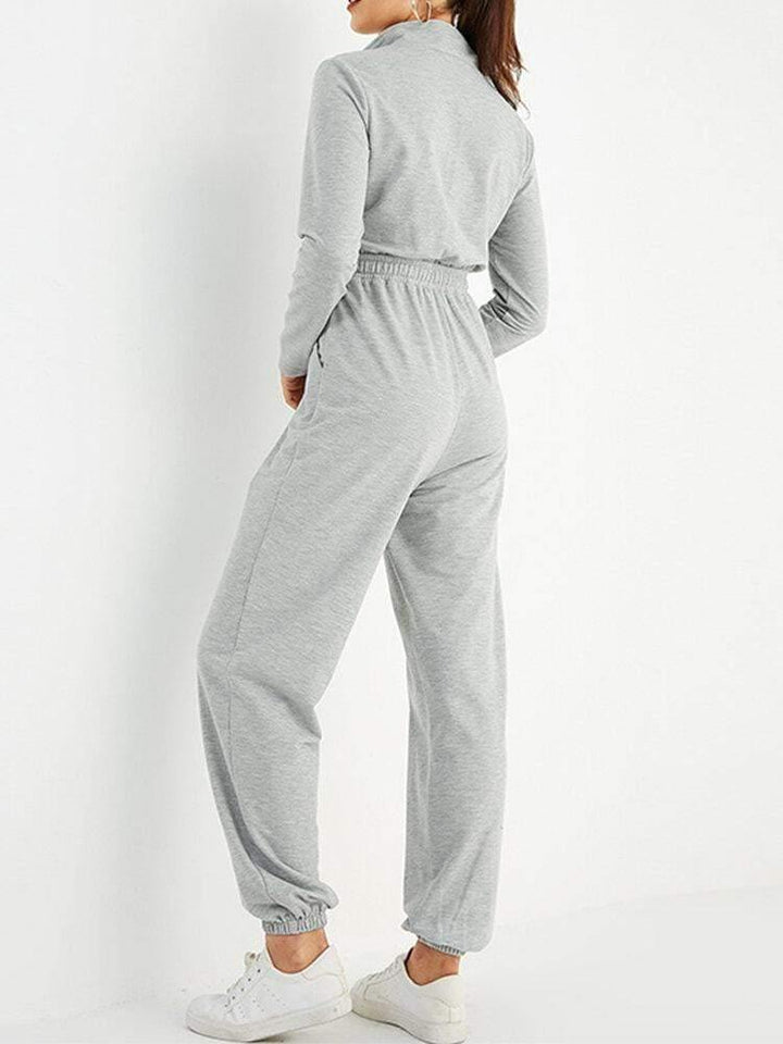 Women Solid Color Zipper Drawstring Pocket Long Sleeve Sports Casual Jumpsuit - Trendha