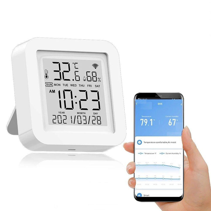 Tuya WIFI Temperature Humidity Smart Sensor Clock Digital Display Remote Control Thermometer Support Alexa Google Assistant - Trendha