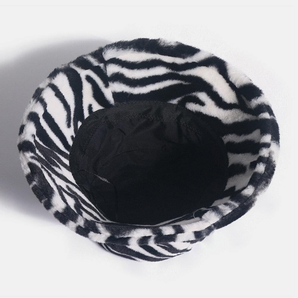 Unisex Felt Zebra Pattern Plus Thicken and Velvet Warm Windproof Soft All-match Bucket Hat - Trendha
