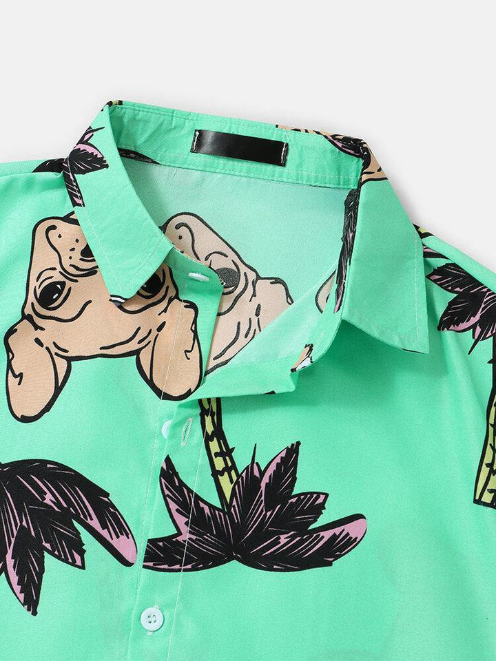 Mens Hawaii Holiday Cartoon Dog & Coconut Tree Print Shirts - Trendha