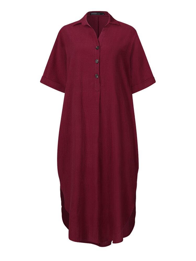 3/4 Sleeve Lapel Button Short Sleeve Irregular Hem Solid Color Shirt Dress - Trendha