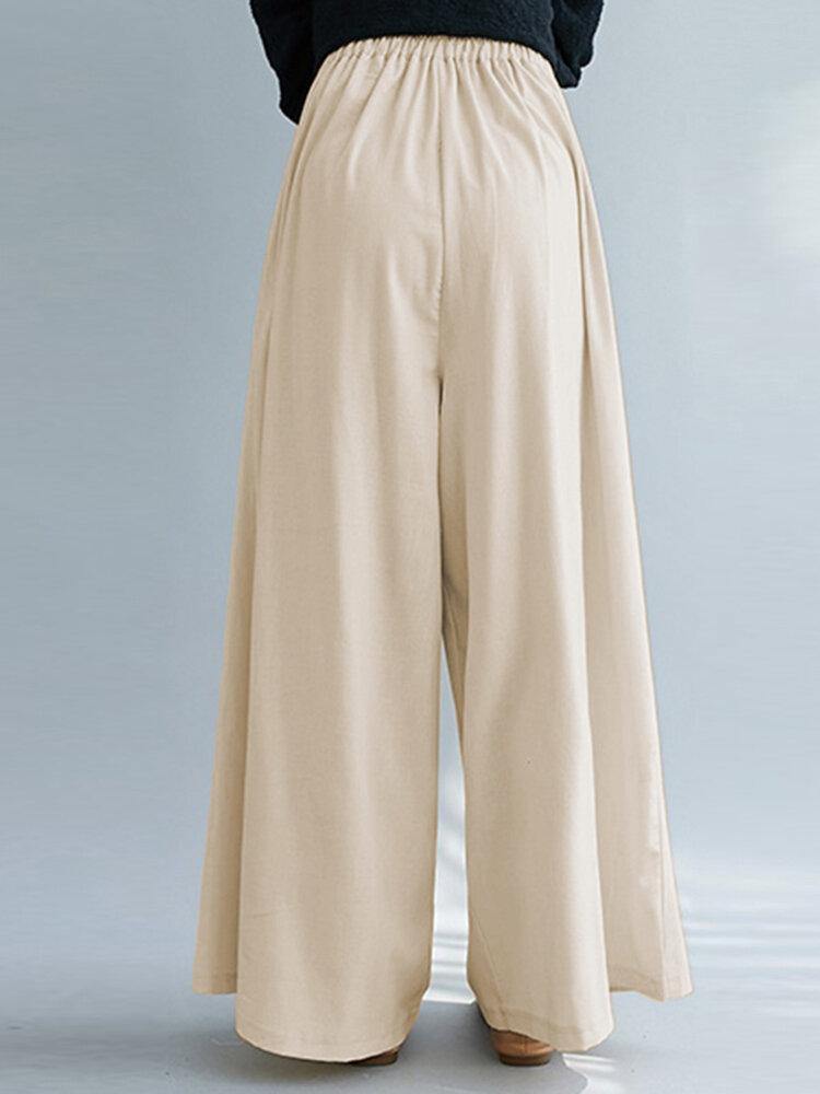 Women Solid Color Elastic Waist Pleats Loose Wide Leg Pants With Pocket - Trendha