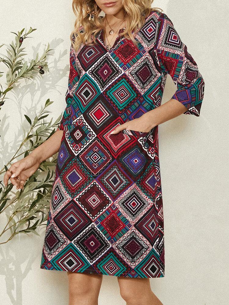 Women Ethnic Geometric Print 3/4 Sleeve Vintage Casual Dress With Pocket - Trendha