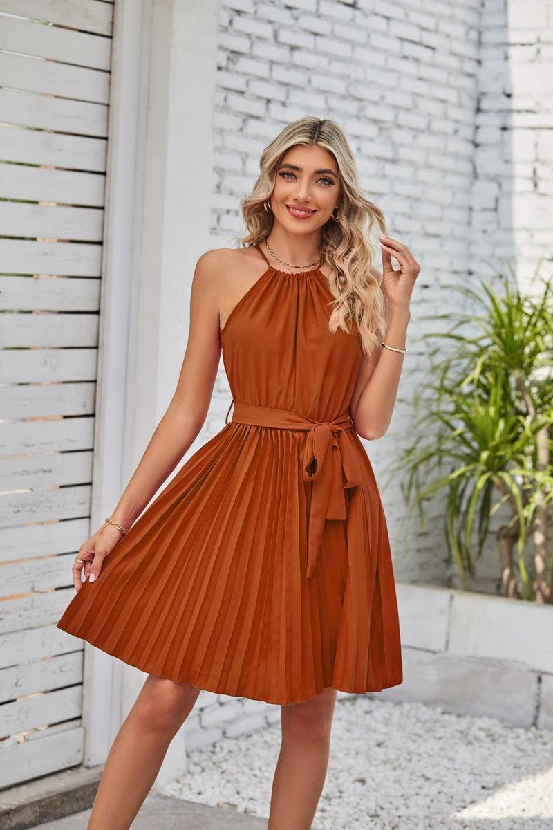 Halter Strapless Dresses For Women Solid Pleated Skirt Summer Beach Sundress - Trendha