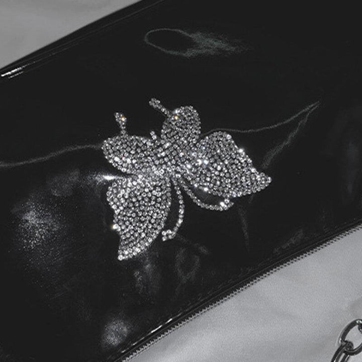 Women PU Leather Pearls Rhinestone Chain Butterflies Pattern Small Square Bag Handbag Shoulder Bag - Trendha