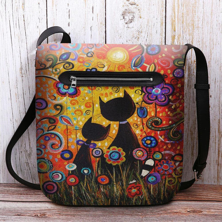 Women Felt Casual Cartoon In Love Cats Back View Floral Pattern Crossbody Bag Shoulder Bag - Trendha