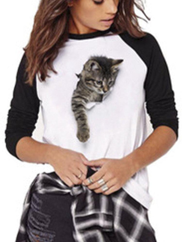 Cute Cat Print Raglan Sleeves O-Neck Casual T-Shirt For Women - Trendha
