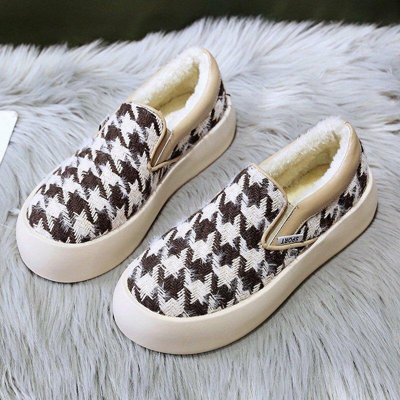 Women Brief Houndstooth Elastic Band Warm Lining Walking Shoes - Trendha