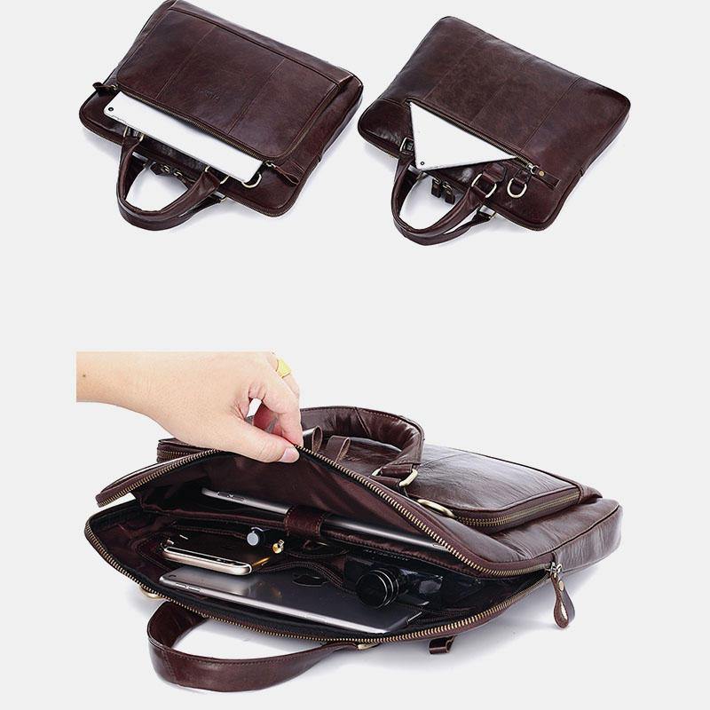 Men Genuine Leather Large Capacity Handbag Business Bag 14-inch ComputerMesssenger Bag - Trendha
