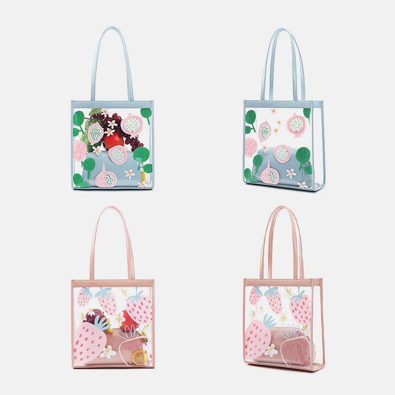 Women 2Pcs Waterproof Transparent Print Fruit PVC Multi-Carry Handbag Tote - Trendha
