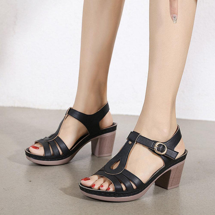 Women Elegant Opened Toe Metal Buckle Chunky Heel Stripe Sandals - Trendha