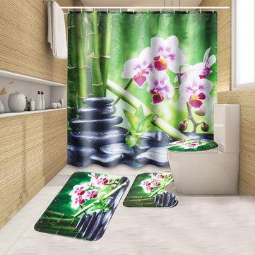 180x180CM Bamboo Pebble Orchid Toilet Rug Mat Bathroom Shower Curtain with Hooks - Trendha