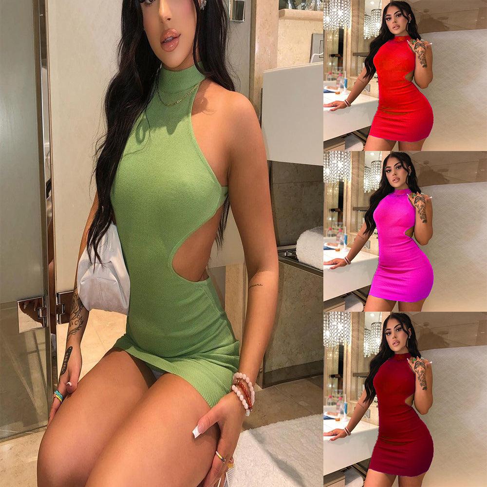 Women's High Neck Hollow Wrapped Breastless Back Mid Waist Pack Hip Dress - Trendha