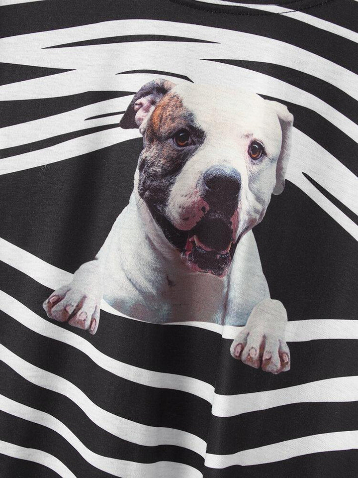 Women 3D Dog & Stripe Print O-Neck Pullover Casual Sweatshirts - Trendha