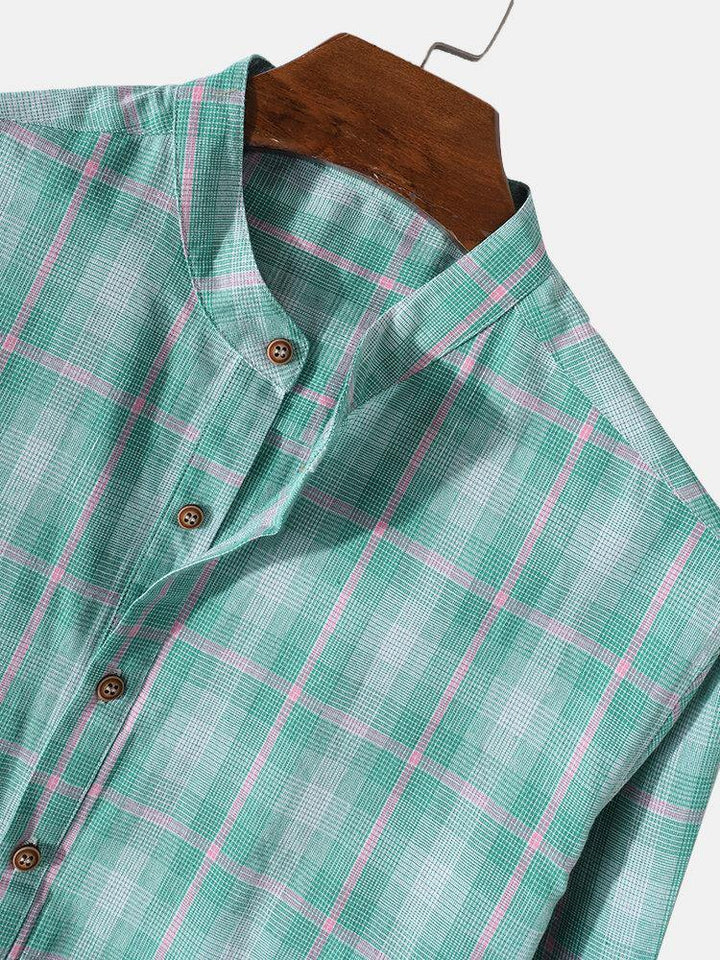 Mens 100% Cotton Plaid Stand Collar Long Sleeve Henley Shirts - Trendha