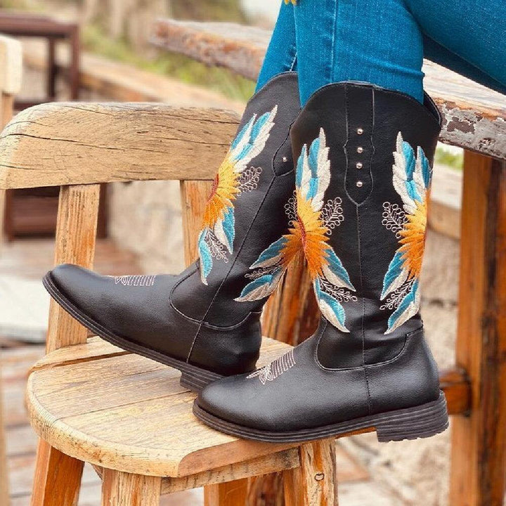 Large Size Women Sunflower Embroidered Soft Comfy Block Heel Cowboy Boots - Trendha