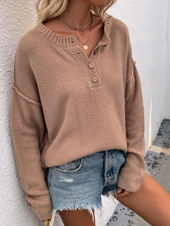 Buttoned Exposed Seam High-Low Sweater - Trendha