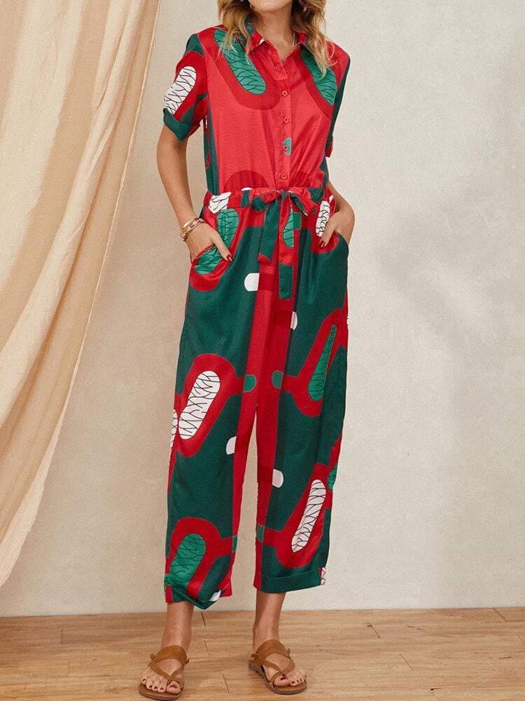 Vintage Printed Knotted Button Pocket Lapel Collar Jumpsuit - Trendha