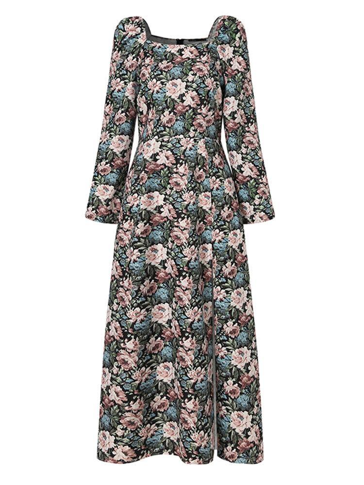 Women Floral Print Square Neck High Split Long Sleeve Slim Midi Dress - Trendha